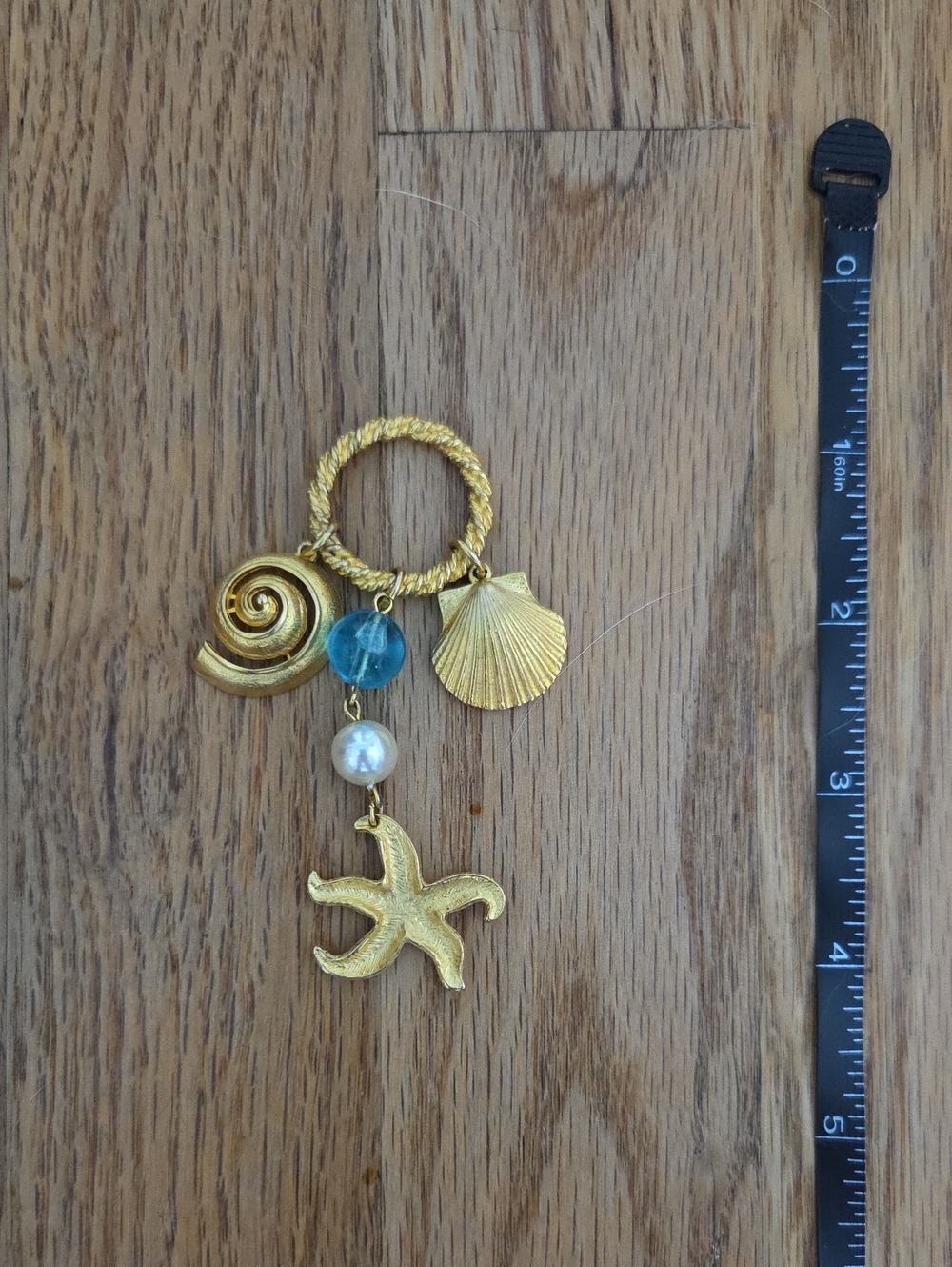 Gold Seashell & Starfish Charm Pendant with Blue Bead